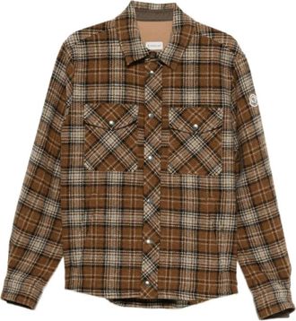 Moncler Geruite wollen overshirt - Heren - Casual Overhemden - Bruin - M - Wol - Overhemden