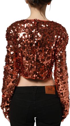 Dolce & Gabbana Womens Red Sequined Long Sleeves Crop Blouse Top Nylon