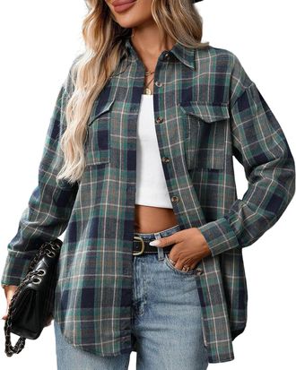 Generic Checked Shirts Womens UK Flannel Long Sleeve V Neck Lapel Collar Gingham Tops Boyfriend Button Down Blouse with Pocket Ladies Oversized Lightweight Pl