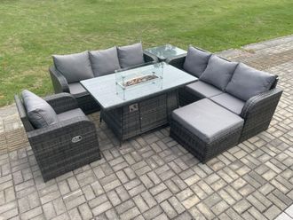 Fimous Rattan Outdoor Furniture Gas Fire Pit Dining Table Gas Heater Reclining Chair 3 Seater Sofa Sets with Big Footstool in Dark Grey