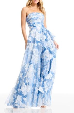 Dress The Population Kit Floral Strapless A-Line Gown in Sky Multi at Nordstrom, Size X-Large