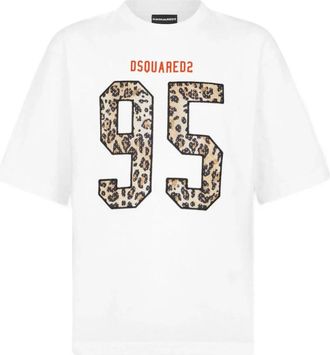 Dsquared2 Tops, Heren, Wit, M, Katoen, T-shirt met Luipaardprint en Nummer