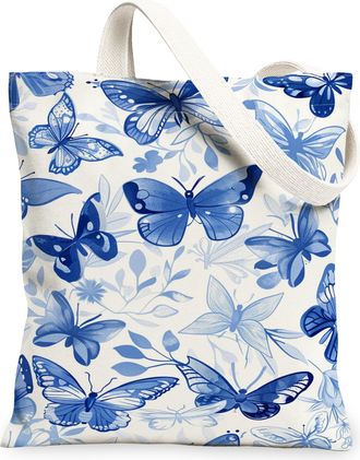 Generic Blue Butterfly Canvas Tote Bags, Floral Design Reusable Grocery Bags, Lightweight Washable Shoulder Strap Canvas for Travel, Blue, 13x15 Inch