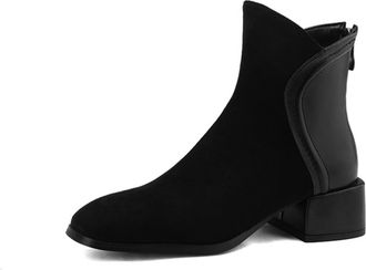 Generic Womens Mixed Material Ankle Boots Square Toe Low Block Heels Zipper Up Multi Color Comfortable Non Slip Wear Resistant Casual Daily Office Shoes,Black