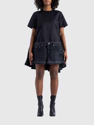 sacai Mini abito svasato in denim e seta con gonna plissettata asimmetrica