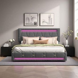 OEM Cama Doble 140x200 - Gris Moderno - Cajones Integrados - Iluminaci&oacute;n Rgb - Cabecera Ajustable