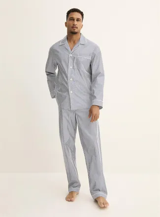 Majestic Mens Pinstriped poplin trimmed pyjama set