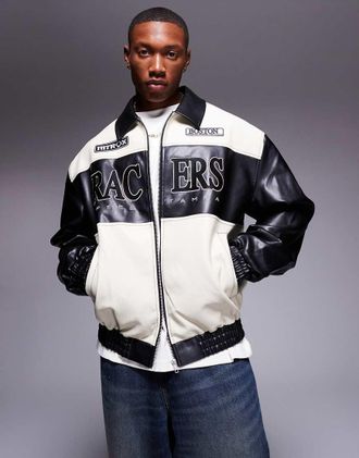 Asos Giacca stile motocross oversize in pelle sintetica bianca e nera-Nero