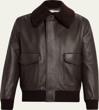 Gabriela Hearst Grant Leather Bomber Jacket with Shearling Collar