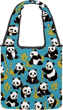 Generic Cute Panda on Blue Reversible Canvas Shoulder Tote - Double-Sided Print, 12oz Cotton, 27cm Drop, Fold-Flat Bag for Travel, Shopping, Street Outings