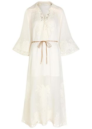 Zimmermann Indra Embroidered Belted Ramie Maxi Dress - Ivory - 4 (UK 16 / XL)