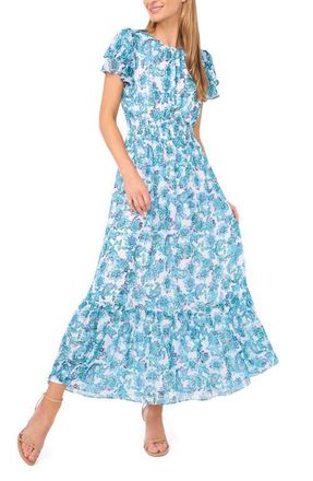 CeCe by Cynthia Steffe Floral Print Ruffle Maxi Dress in Ultra White at Nordstrom, Size X-Large