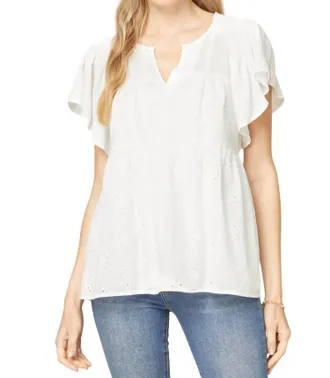 Entro Flutter Sleeve Eyelet Top In White