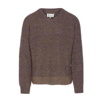 Maison Margiela Four-Stitch Logo Rib-Knit Jumper - male - Maison Margiela - V-neck Knitwear - Brown - XL - Knitwear