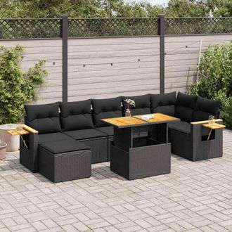 vidaXL Set Sof&aacute;s Jard&iacute;n Y Cojines 8 Pzas Rat&aacute;n Sint&eacute;tico Acacia Negro Vidaxl