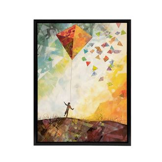 Artery8 Child Flying Big Kite In Rainbow Sky Framed Canvas Wall Art Print | Size: W24 x H32