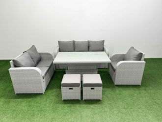 Fimous Patio PE Wicker 8 Seater Outdoor Rattan Furniture Sofa Sets w/ Adjustable Lifting Dining or Coffee Table Reclining Chair Loveseat Sofa 3