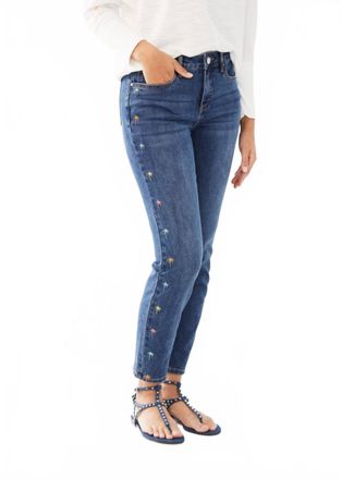 FDJ Olivia Embroidered Pastel Palm Trees Pencil Ankle Denim Jeans In Medium Wash