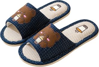 Generic Mens Womens Slippers Open Toe Slip-On Cute Embroidered House Indoor Slippers Linen Cotton Non-Slip Soft Casual Footwear Shoes Lightweight Comfortable 