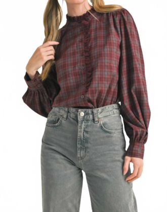 Merci Winnie Button Down Top In Wine Plaid