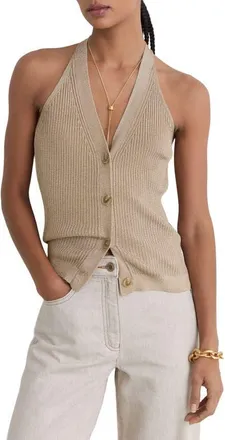 Reiss Lilana Metallic Rib Knit Button-Up Tank in Gold at Nordstrom, Size X-Large