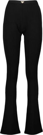 Prada Geribbelde Legging met Emaille Driehoek Logo - Dames - Wijde Broeken - Zwart - XS - Leer - Broeken