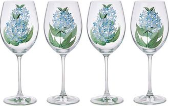 Two's Company Set Of 4 Hydrangea Hand-Painted Stemmed Wine Glasses