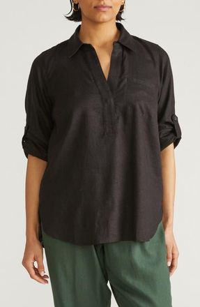 Universal Standard Button Back Linen Blend Polo in Black at Nordstrom, Size Xs