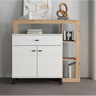 Dmora Aparador Banos, Mueble Con Caj&oacute;n, 5 Estantes, Puerta Abatible, Corredizo, 106x35x101h Cm Blanco