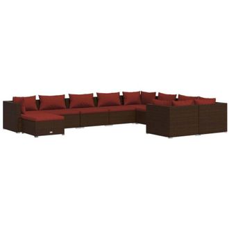 vidaXL Set Muebles De Jard&iacute;n 10 Pzas Y Cojines Rat&aacute;n Sint&eacute;tico Marr&oacute;n Vidaxl