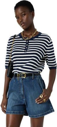 Gerard Darel Laina Short Sleeve Button Neck Knit Top in Navy Blue at Nordstrom, Size X-Large
