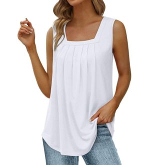 Generic Long Tops Womens Long Loose Blouse Tops Womens Sleeveless Linen Blouse White Sleeveless Top with Pleated Square Neck in Summer with Curved Tops Plain 