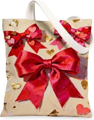 Generic ValentineS Day Hearts Canvas Tote Bags, Romantic Bow Pattern Reusable Grocery Bags, Lightweight Washable Shoulder Strap Ca, Red, 13x15 Inch