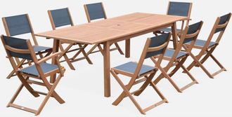 Sweeek Mesa de jardín de madera extensible, 8 sillas