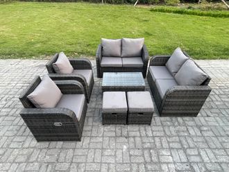 Fimous 8 Seater Rattan Garden Furniture Set Patio Outdoor Lounge Sofa Set with Rectangular Coffee Table 2 Small Footstools Love Sofa in Dark Grey