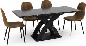 Urban Meuble Mesa de comedor extensible con efecto m&aacute;rmol negro y 4 sillas marrones