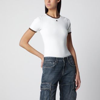 Courr&egrave;ges T-shirt con girocollo a contrasto in cotone bianca/marrone