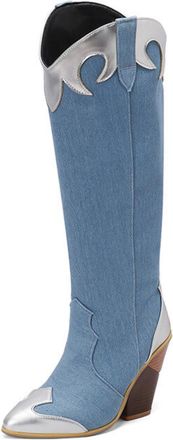 Generic Womens Pull on Knee High Boots Pointed Toe PU Leather Western Cowboy Boot Chunky High Heel Long Boots,Blue,9.5 UK