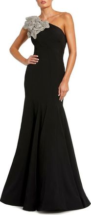 Mac Duggal Petite Crepe One Shoulder Gown With Flower Detail in Black at Nordstrom, Size 12P