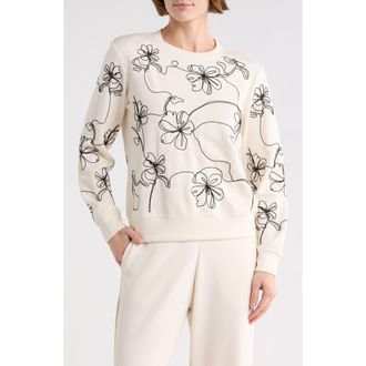 T Tahari Embroidered Scuba Sweatshirt in Ecru/Black Embroidery at Nordstrom Rack, Size X-Small
