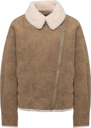 Stand Studio Asymmetrical Zip Brown Jacket with Plush Faux Fur Collar