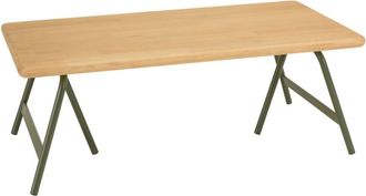 Macabane Mesa de centro con tablero de pino y patas de caballete de metal verde