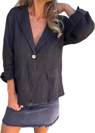 Generic Southwestm Cotton and Linen Casual Lapel Single-Button Thin Coat, Long Sleeve Loose Casual Blazer Jackets for Womens (Black,L)