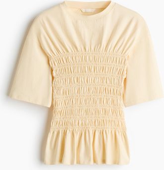 H&M Gesmoktes T-Shirt - Blassgelb
