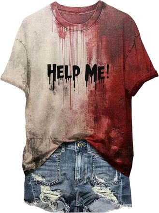 Generic NMSLCNM Halloween Tshirt Women Bloody T-Shirt Short Sleeve T Shirts Im Fine Bloody Shirts Im Ok Its Not My Blood Im Fine Shirt Halloween Tops for Wome