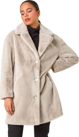 Roman Womens Petite Longline Pocket Fur Coat - Taupe - Size 18 UK