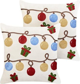 Beliani Beliani - Conjunto De 2 Cojines Decorativos De Tela De Terciopelo Con Motivo Navide&ntilde;o Blanco 45 X 45 Cm Palmier