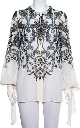 Just Cavalli Monochrome Printed Silk Sleeve Tie Detail Top