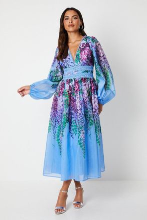 Coast Organza Floral Placement Lace Trim Midi Dress