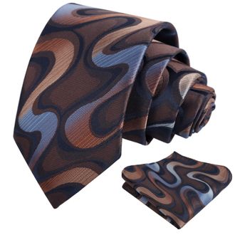Alizeal Mens Ripple Patterned Necktie and Hanky Colorful Gradient Novelty Tie and Pocket Square Set, Brown+Blue